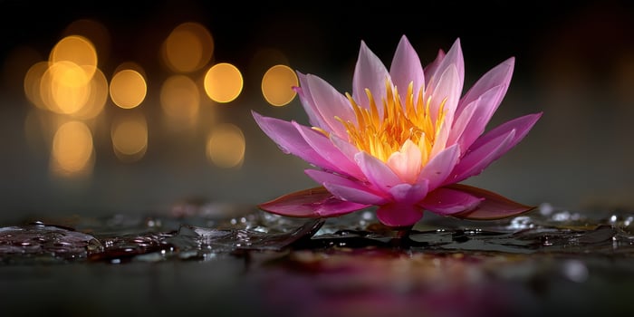 A pink lotus flower in the water with lights in the background photo