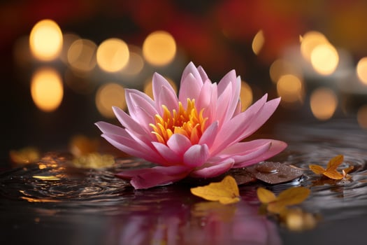 A pink lotus flower floating in water with candles photo