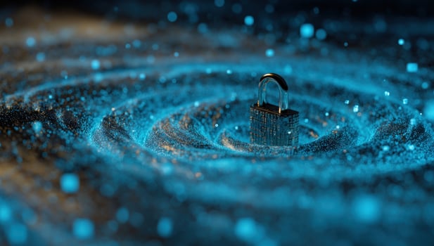 Padlock sits in bright blue, swirling particles. Data protection concept photo