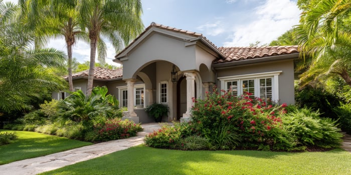 Beautiful Home exterior with palm trees in tropical setting for real estate photo