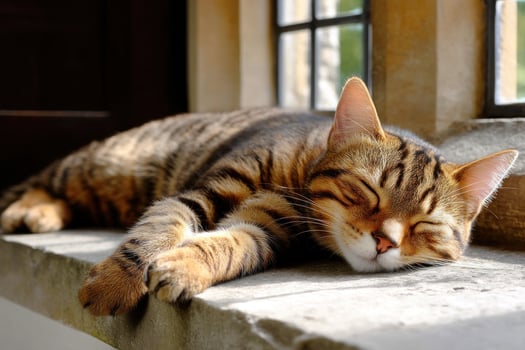 Bengal cat relaxing on windowsill, basking in morning sunlight, indoor setting photo