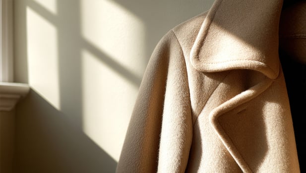 Beige winter coat hanging in a room, sunny window shadow, fashion style shoot photo