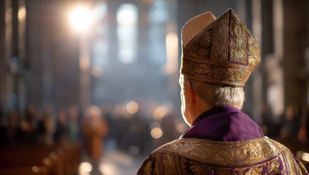 Bishop facing congregation in a grand church during ceremony, soft sunlight photo