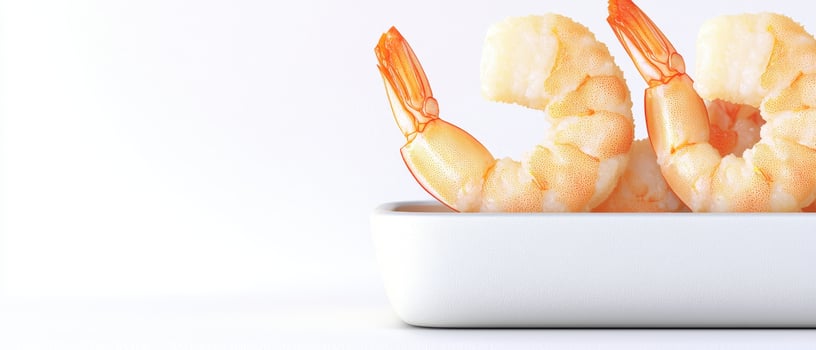 Boiled shrimp with orange tail arranged in white ceramic dish on white background fresh seafood photo