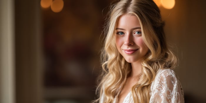 Blonde woman smiles softly, wearing lace top indoors, with warm, blurred background photo