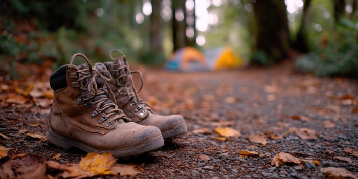 Boots on trail to campsite, fallen leaves in foreground, woods in background photo