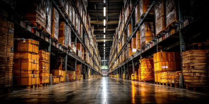 Boxes filling shelves in a distribution warehouse, logistics, with empty floor photo