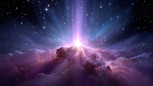 Bright beam of light amidst cosmic clouds in a starry sky, suitable for backgrounds photo