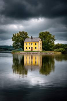 Bright yellow home on a tiny island surrounded by placid water under stormy skies photo