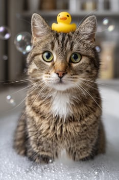 Brown tabby cat with yellow rubber duck on head in bubble bath indoor setting photo