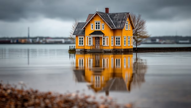 Bright yellow house stands flooded, a reflection rippling on the water's surface photo