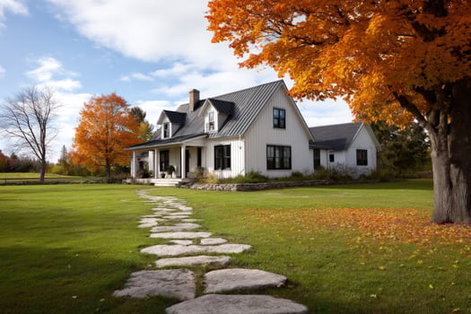 Charming white farmhouse, path to porch, autumn leaves. For real estate marketing photo