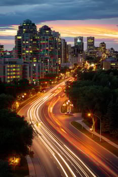 City lights trail from traffic at dusk with illuminated buildings in the background photo