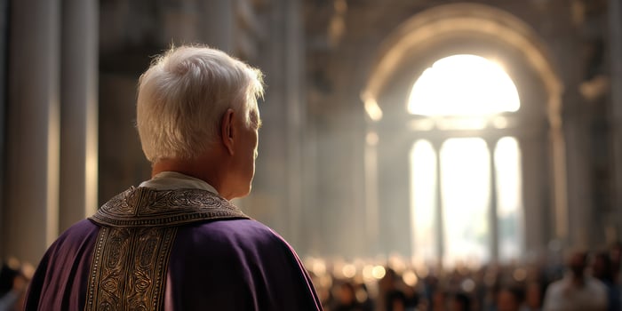Clergyman observes people inside of a church with bright archways in background photo