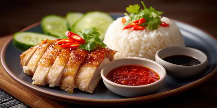Close up of delicious chicken rice with vegetables and sauces for menu photo