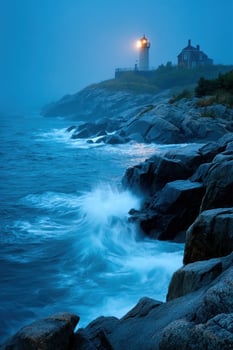 Coastal Lighthouse in Foggy Twilight Ocean waves crash on rocky Maine shoreline photo