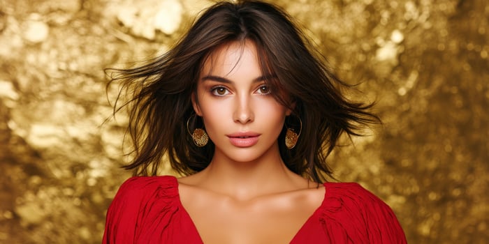 Confident young woman poses against shimmering golden backdrop for portrait photo