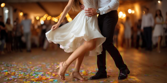 Couple dancing at reception with confetti on the floor and guests in background photo