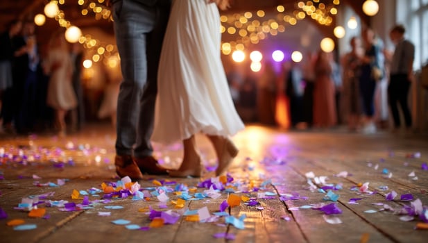 Couple dancing at a celebration with lights and confetti on a wooden floor photo