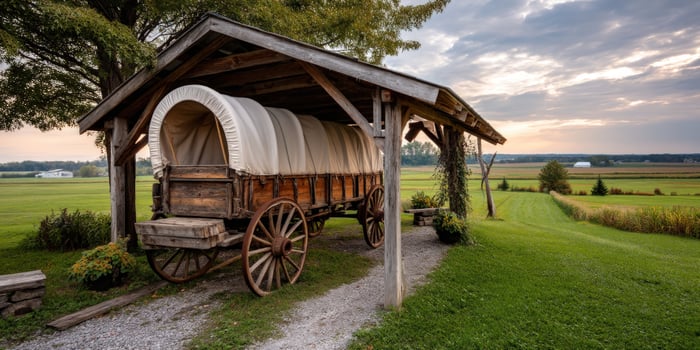 Covered Wagon in Ohio Farm, Peaceful, Resting, Early Evening photo
