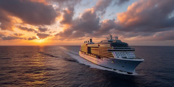 Cruise ship sailing on ocean at sunset with dramatic cloudy sky background photo