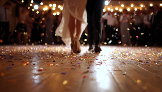 Dancing couple on wood floor amidst confetti and celebrating guests at a party photo
