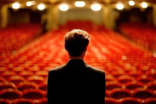 Dark silhouette in suit, facing red theater seats under bright stage lights, alone photo