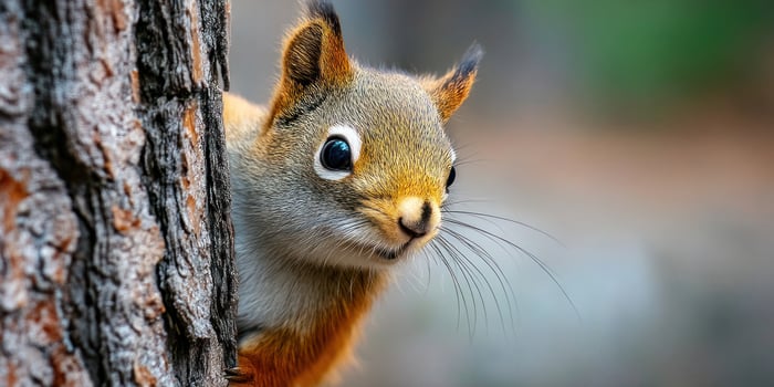 A squirrel peeks out from behind a tree trunk photo