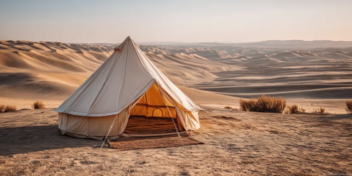 Desert tent camping at sunset in a hot, quiet, empty sandy landscape scene photo