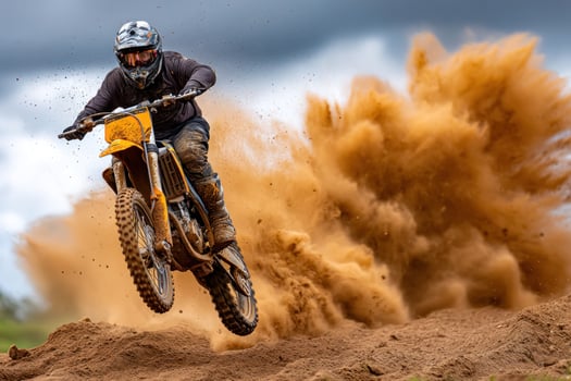 Dirt biker mid-air, blasting dirt on grassy terrain with a cloudy sky backdrop photo