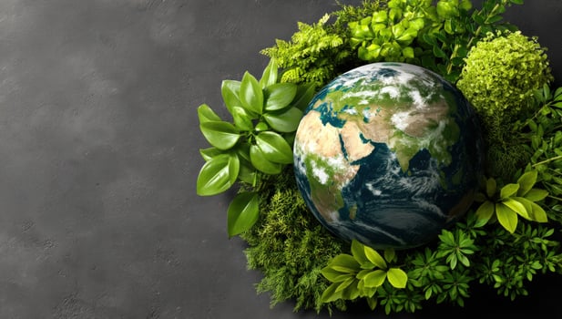 Earth globe amidst lush greenery, symbolizing environmental awareness, grey background photo