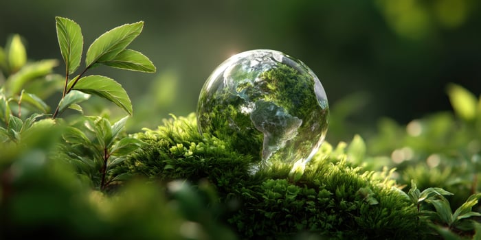Earth globe on moss amidst flora, symbolizes environmental awareness campaigns photo