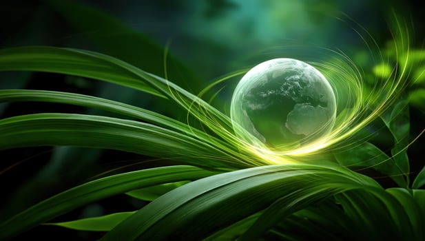 A green globe on a leaf with a glowing light photo