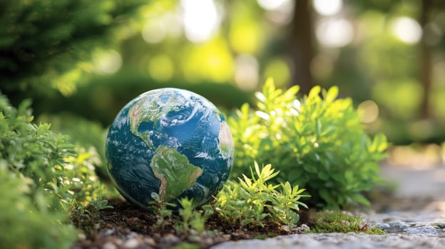 Earth globe rests in garden, nature background, symbolic of global environment photo