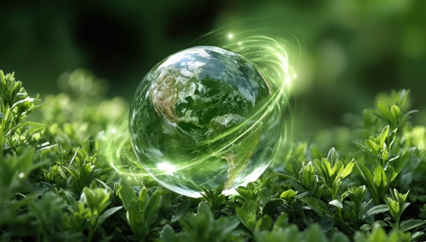 Earth in glass sphere resting in grass with flowing energy for conservation photo