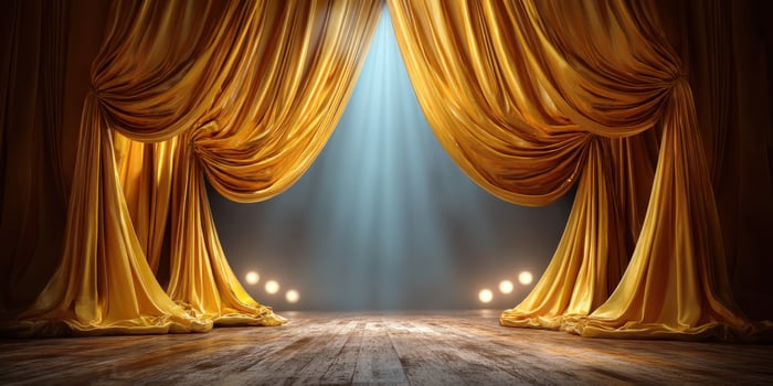 Elegant gold curtains on a stage with spotlight shining, presentation background photo