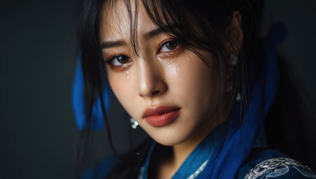 A woman with long black hair and blue eyes photo