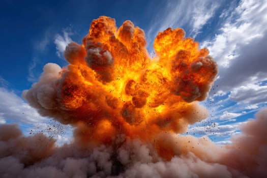 Explosive blast near arid land, creating a cloud of smoke against bright sky photo