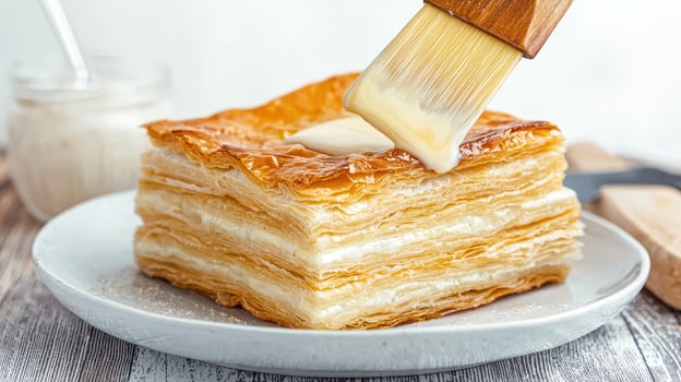 Layered phyllo pastry being brushed with melted butter on white plate, showing flaky golden texture and creamy filling photo