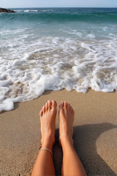 Feet relax on sandy beach as waves approach under a sunny blue sky backdrop photo
