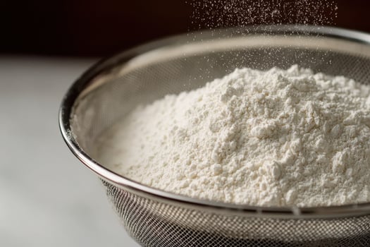 Powdered flour falling through metal sifter with fine mesh for baking preparation in kitchen setting photo