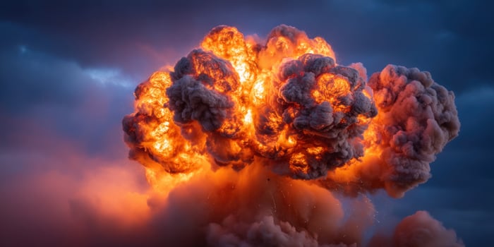 Fiery explosion blasts sky, smoke billows, suggesting destruction or danger photo