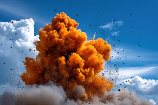 Fiery explosion during demolition with blue sky and white clouds. Stock photo