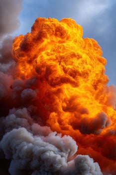 Fiery explosion engulfs sky as plumes of smoke billow, hazard event, background photo