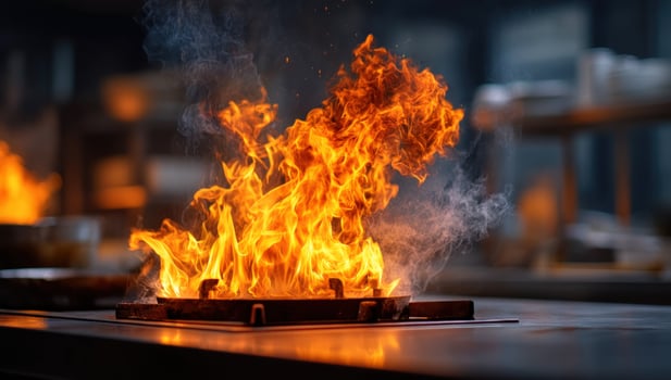 Fiery flames erupt from metal surface in industrial kitchen, intense energy photo