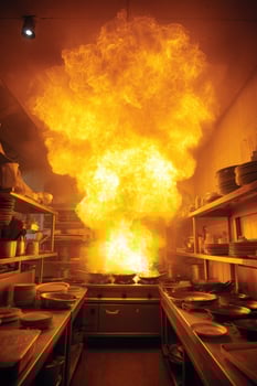 Fiery explosion erupts dramatically within a commercial kitchen setting photo