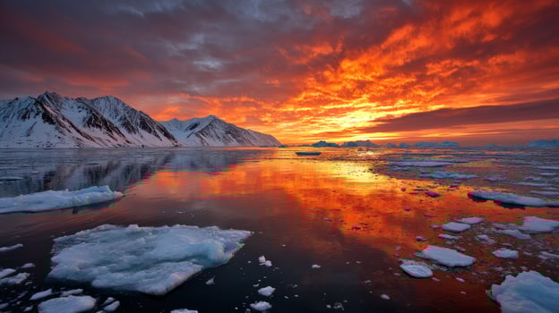 Fiery sunset reflects on ice floes at frozen sea near snowy mountains peak photo