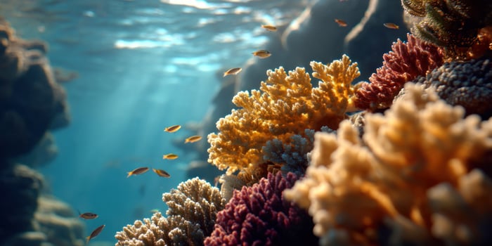 Fish swim near colorful coral reefs underwater, ocean floor, clear blue water photo
