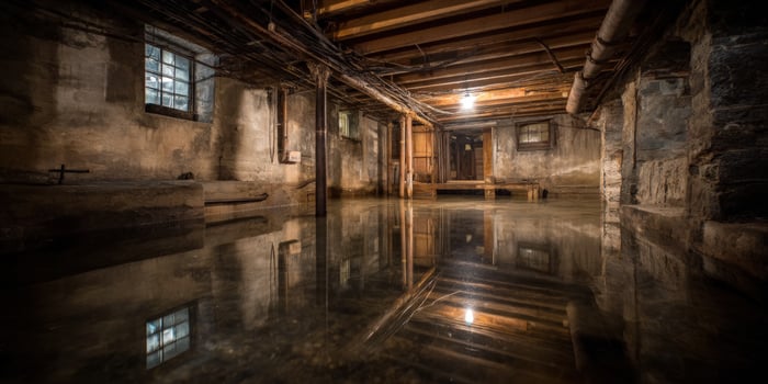 Flooded Basement Interior After Rain Water Reflection on the Floor photo