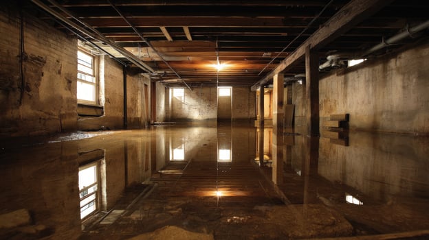 Flooded, damaged basement interior. Water reflection. Possible flood damage insurance photo